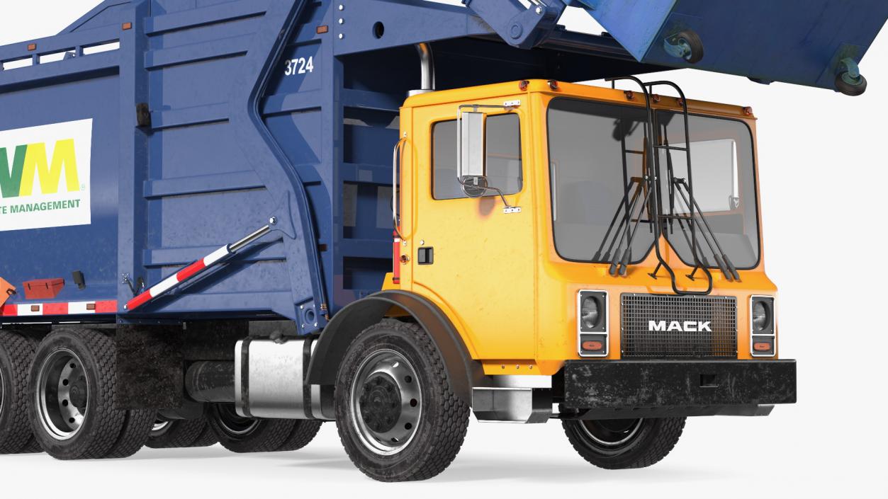 3D Mack Garbage Truck with Dumpster Blue Rigged for Maya model