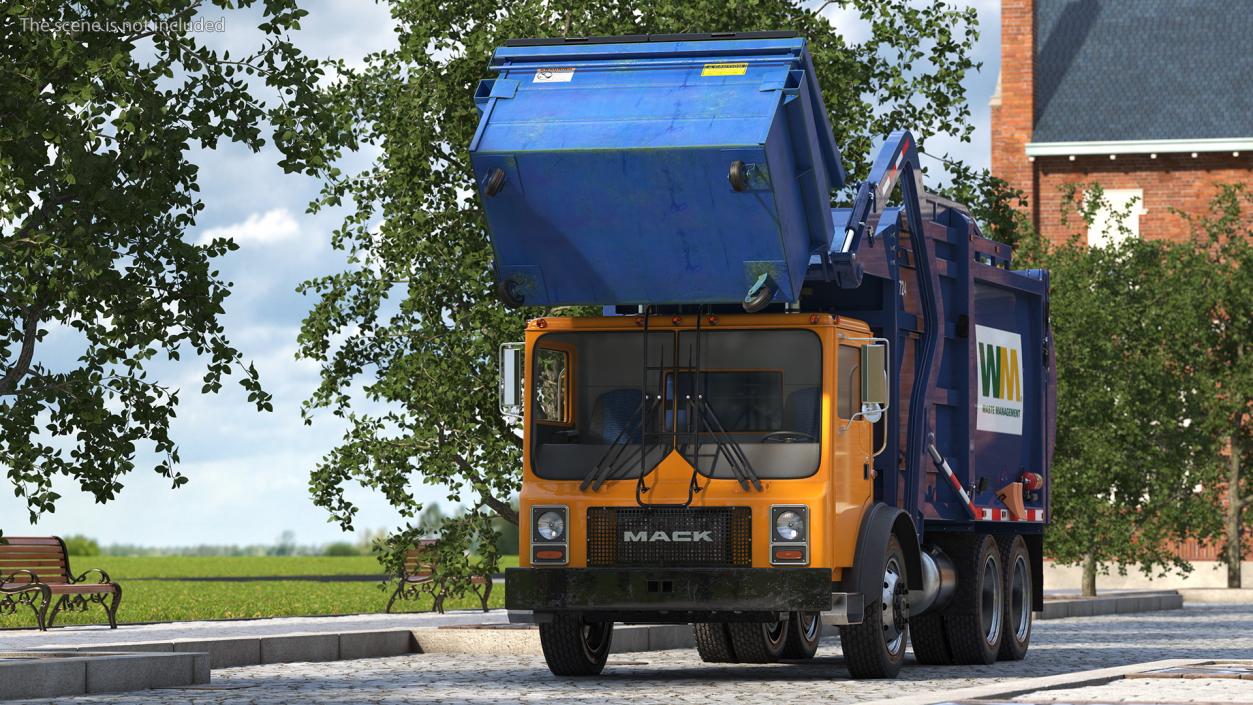 3D Mack Garbage Truck with Dumpster Blue Rigged for Maya model