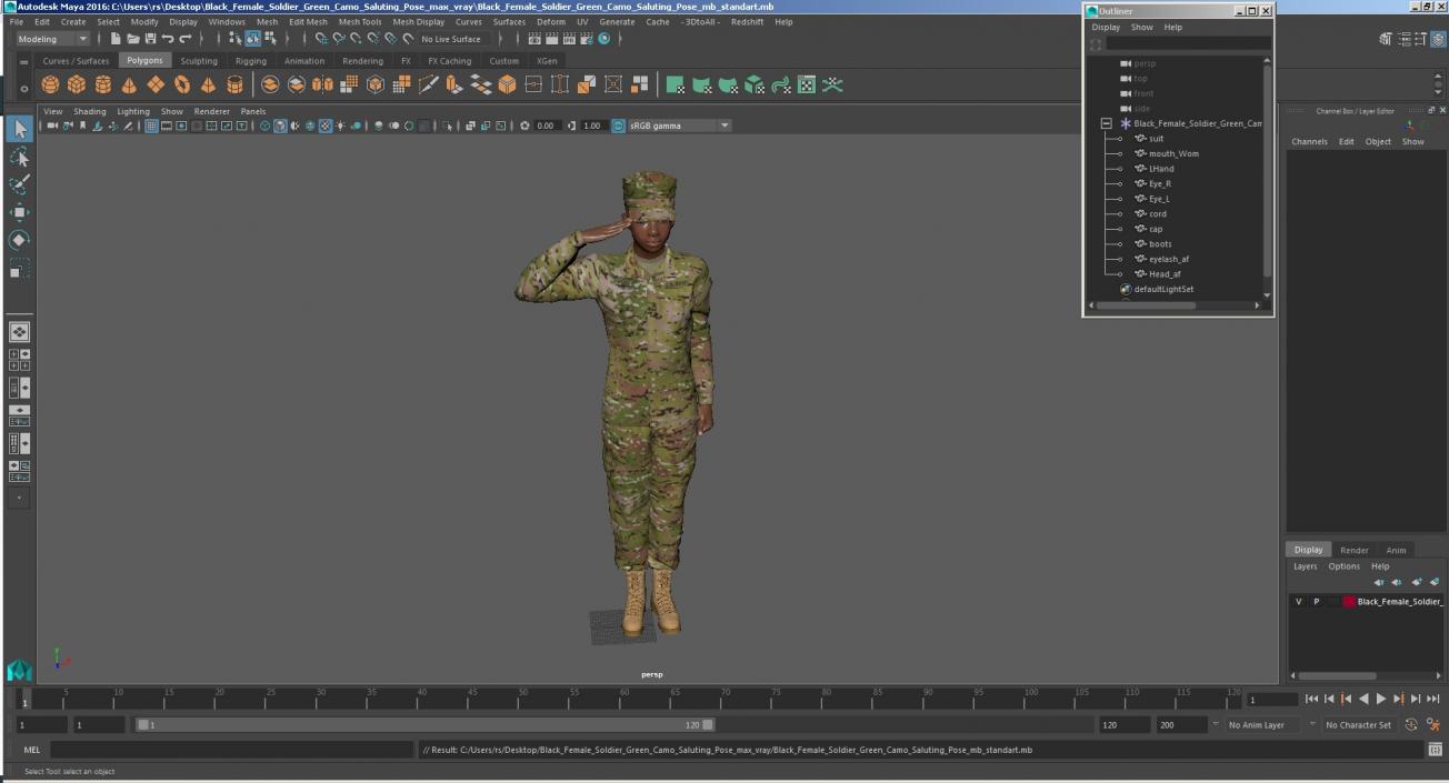 3D model Black Female Soldier Green Camo Saluting Pose