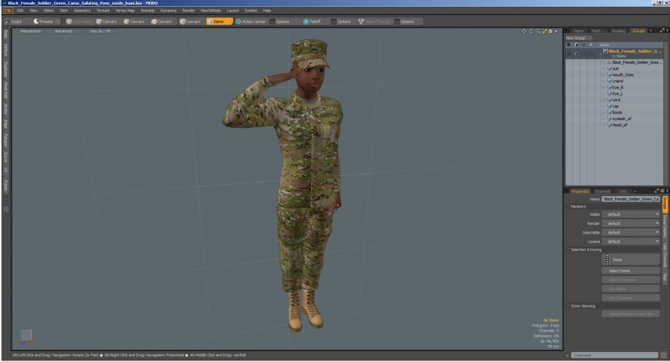 3D model Black Female Soldier Green Camo Saluting Pose