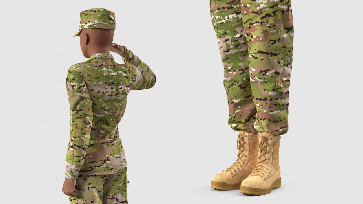 3D model Black Female Soldier Green Camo Saluting Pose