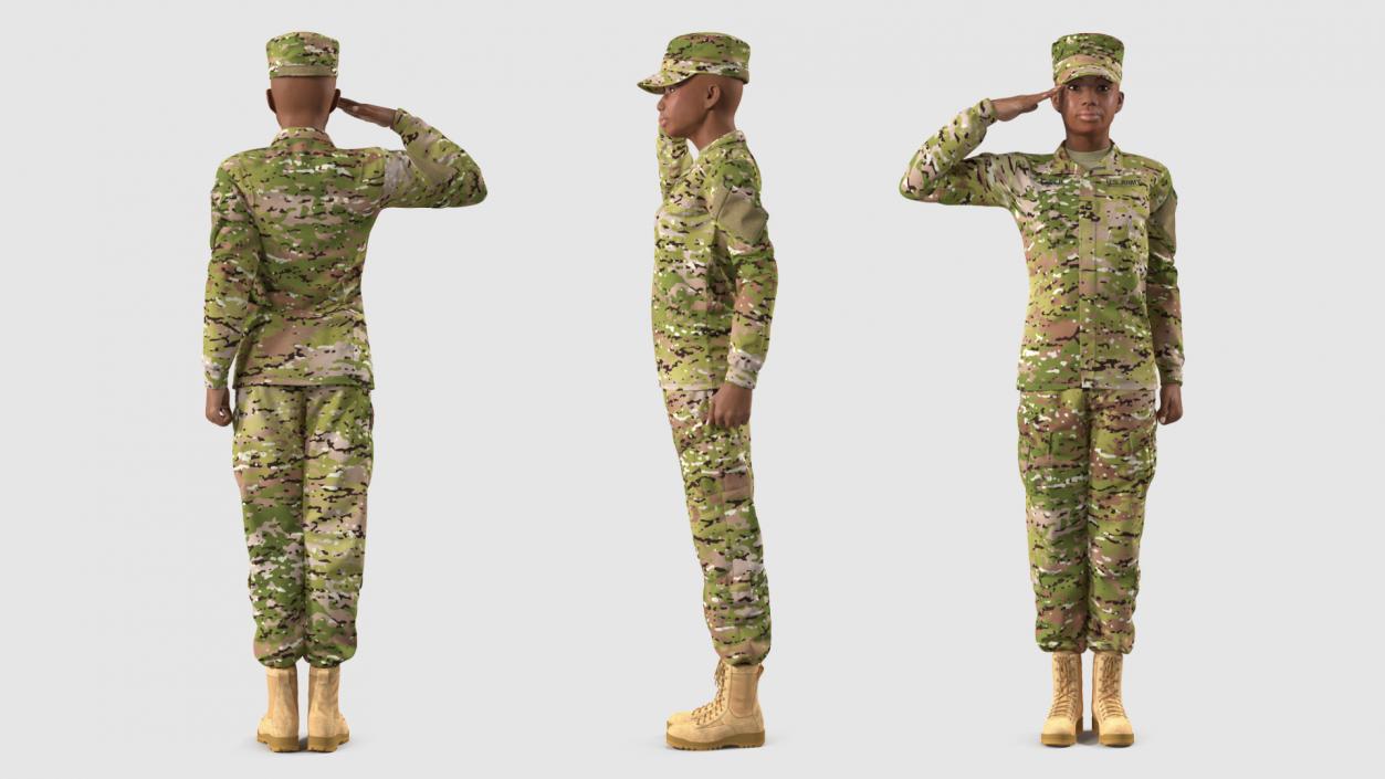 3D model Black Female Soldier Green Camo Saluting Pose