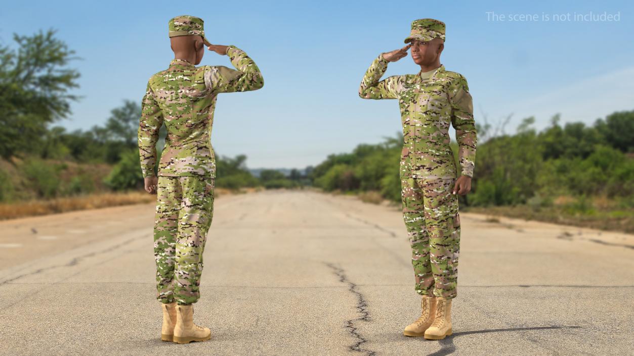 3D model Black Female Soldier Green Camo Saluting Pose