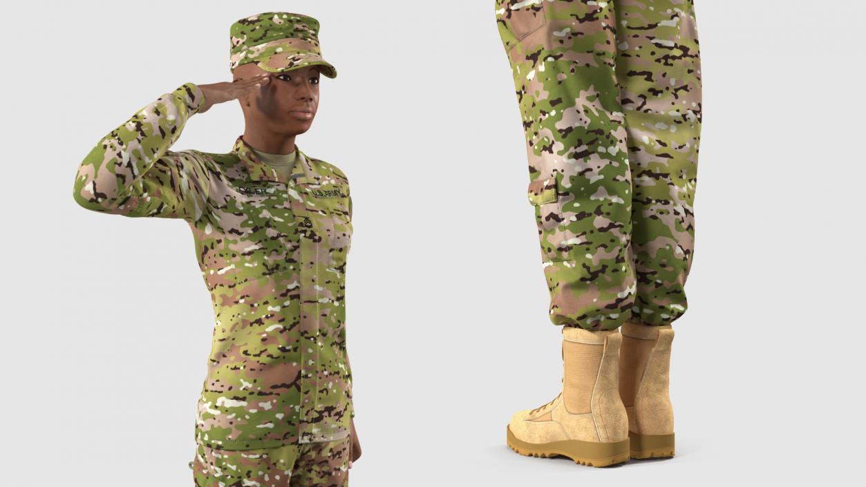 3D model Black Female Soldier Green Camo Saluting Pose