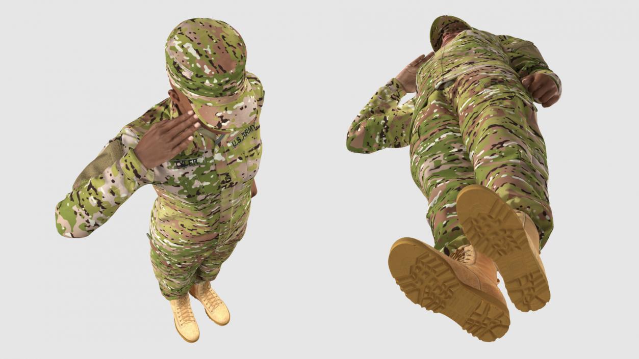 3D model Black Female Soldier Green Camo Saluting Pose