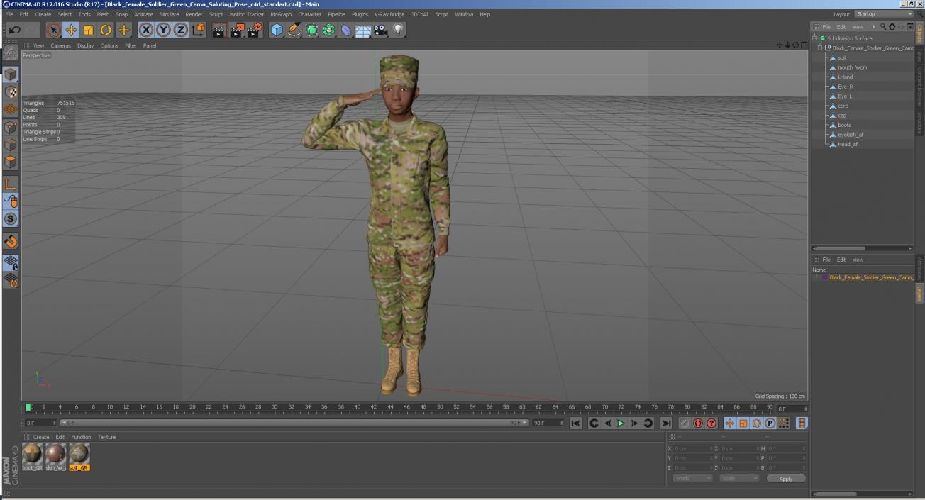 3D model Black Female Soldier Green Camo Saluting Pose