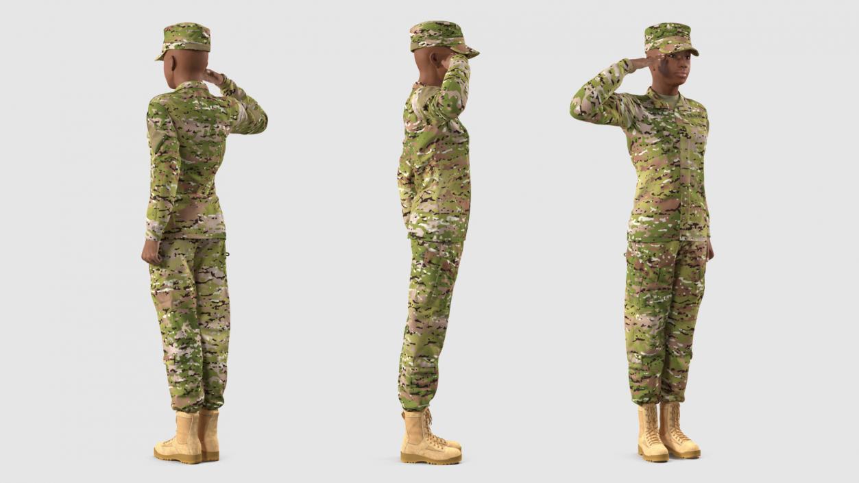 3D model Black Female Soldier Green Camo Saluting Pose