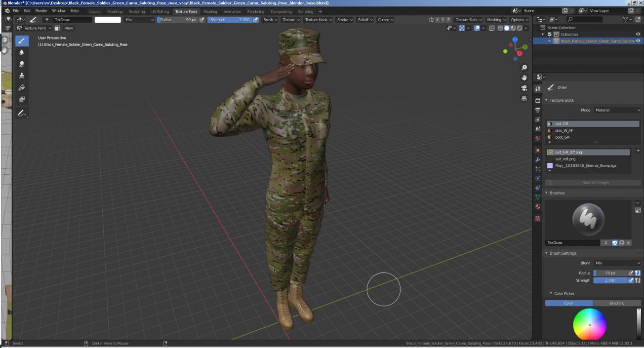 3D model Black Female Soldier Green Camo Saluting Pose