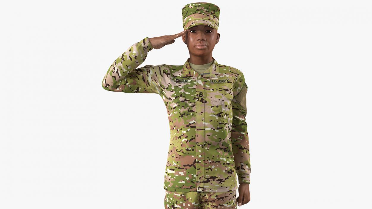 3D model Black Female Soldier Green Camo Saluting Pose