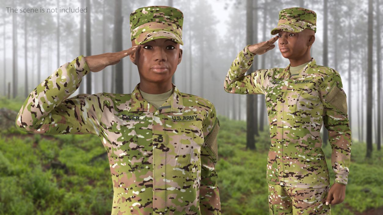 3D model Black Female Soldier Green Camo Saluting Pose