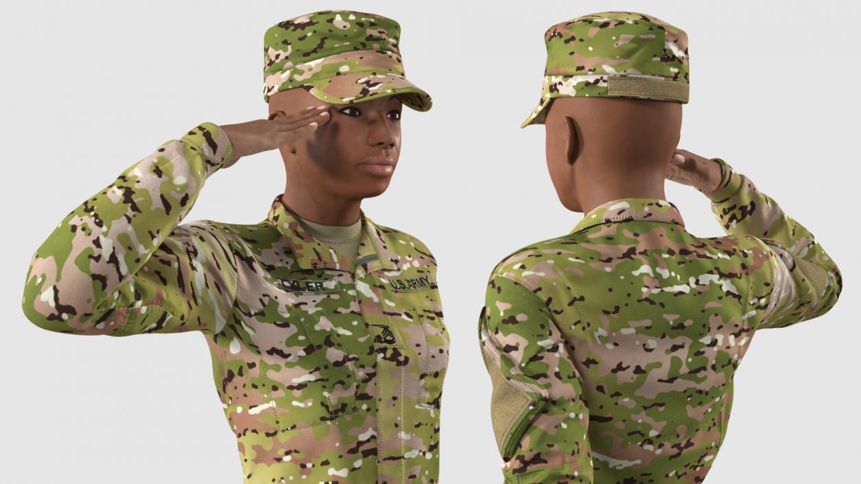 3D model Black Female Soldier Green Camo Saluting Pose