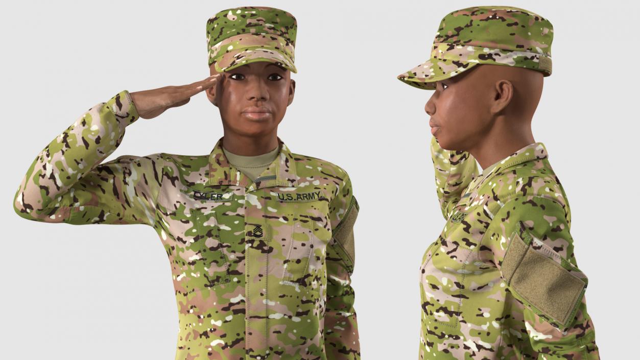 3D model Black Female Soldier Green Camo Saluting Pose