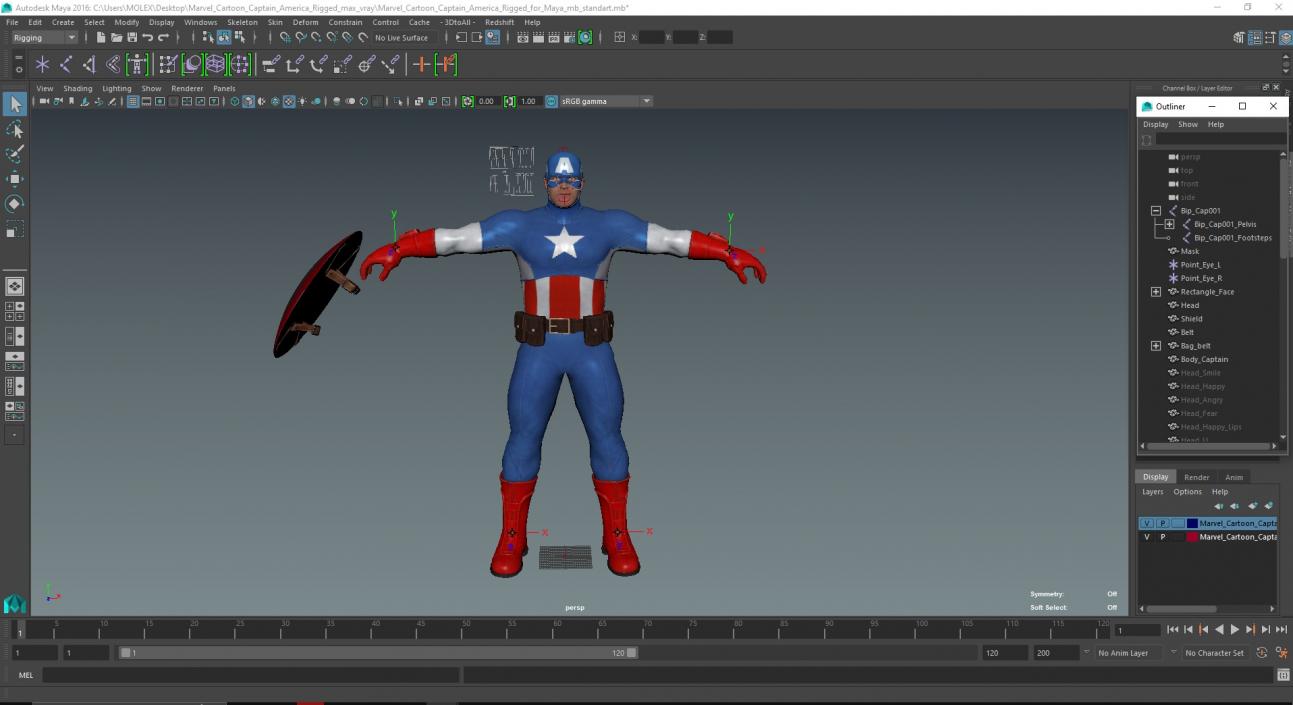 3D Marvel Cartoon Captain America Rigged for Maya