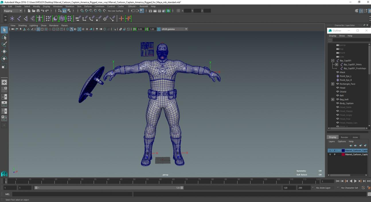 3D Marvel Cartoon Captain America Rigged for Maya