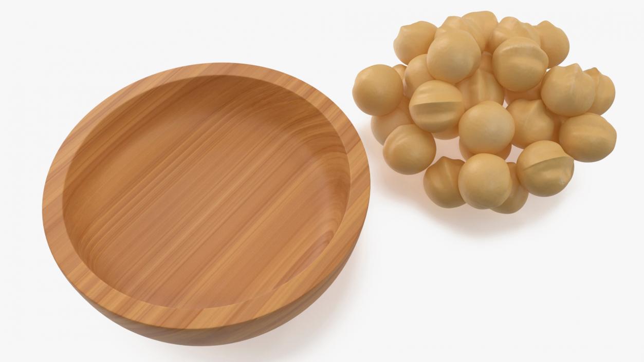 3D Wooden Bowl of Peeled Macadamia Nuts