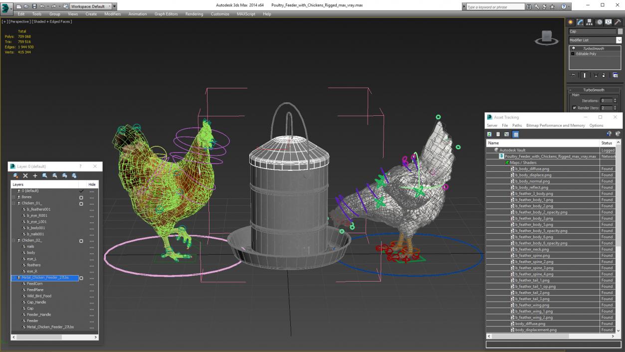 3D model Poultry Feeder with Chickens Rigged