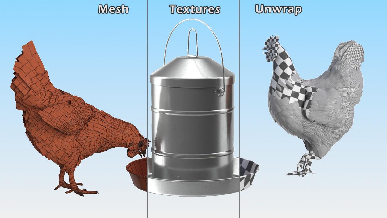 3D model Poultry Feeder with Chickens Rigged