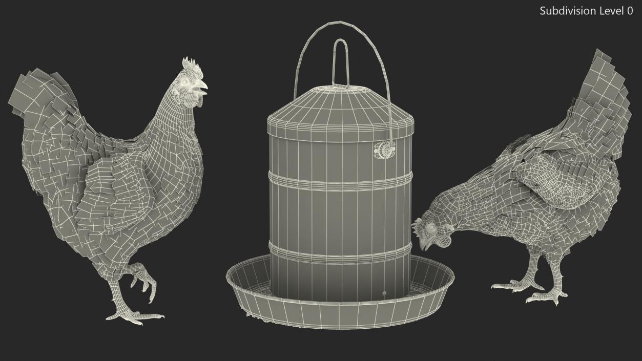 3D model Poultry Feeder with Chickens Rigged