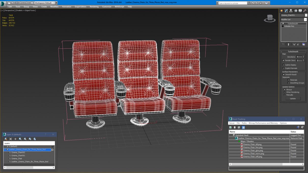 Leather Cinema Chairs for Three Places Red 3D