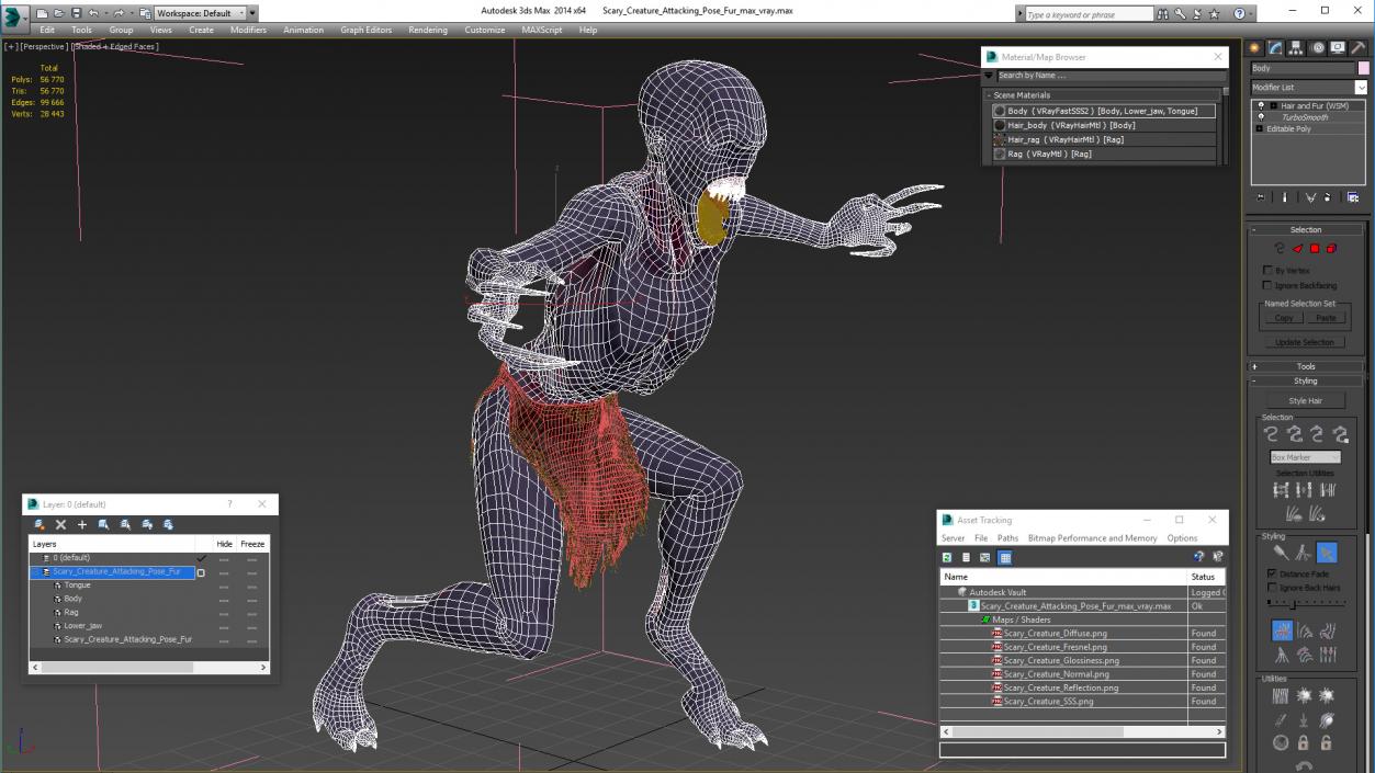 3D Scary Creature Attacking Pose Fur model