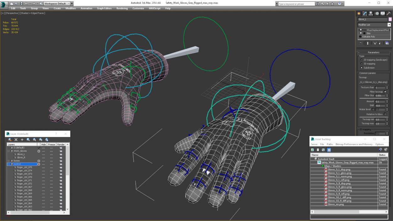 3D model Safety Work Gloves Gray Rigged