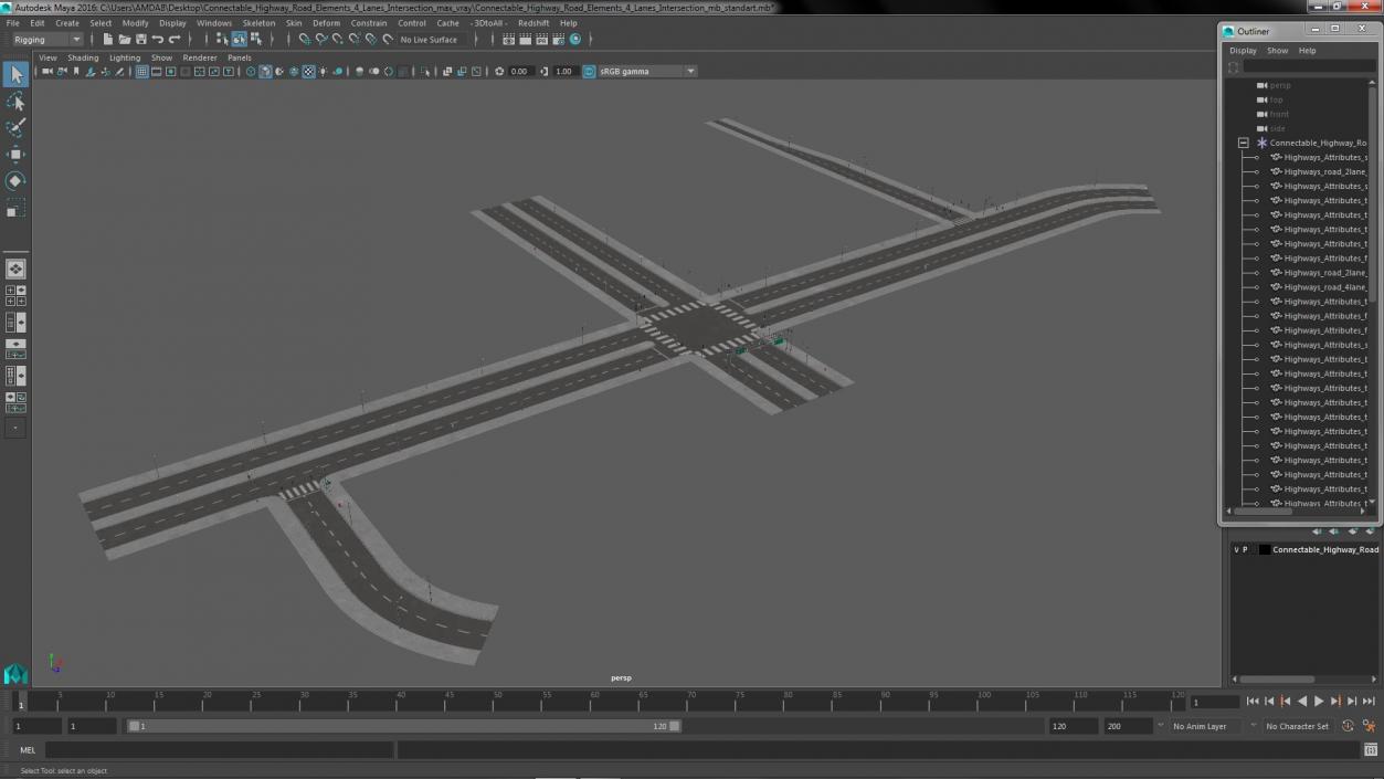 Connectable Highway Road Elements 4 Lanes Intersection 3D model