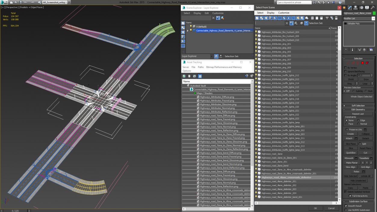 Connectable Highway Road Elements 4 Lanes Intersection 3D model