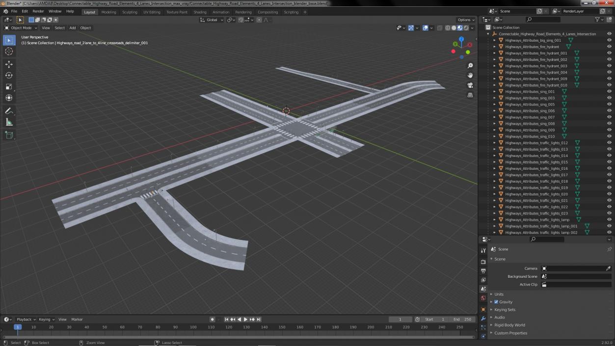 Connectable Highway Road Elements 4 Lanes Intersection 3D model