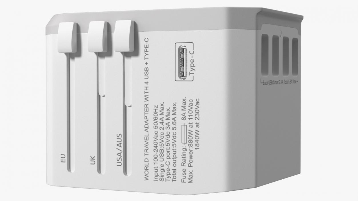 Universal Travel Adapter with USB White 3D model