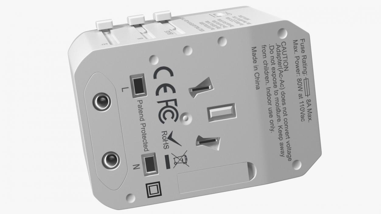 Universal Travel Adapter with USB White 3D model