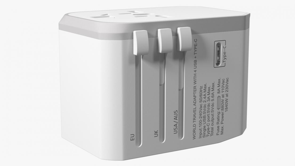 Universal Travel Adapter with USB White 3D model