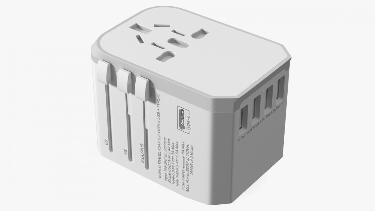 Universal Travel Adapter with USB White 3D model