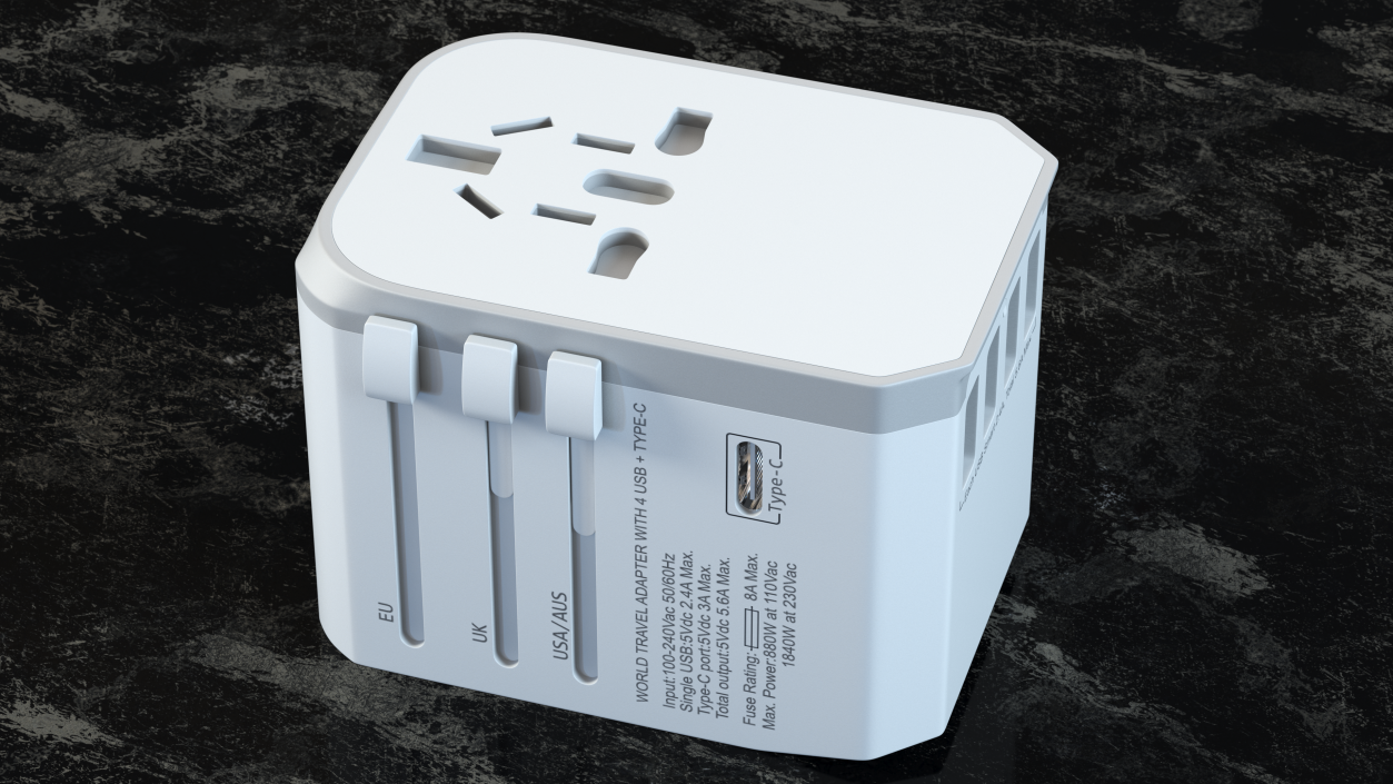 Universal Travel Adapter with USB White 3D model