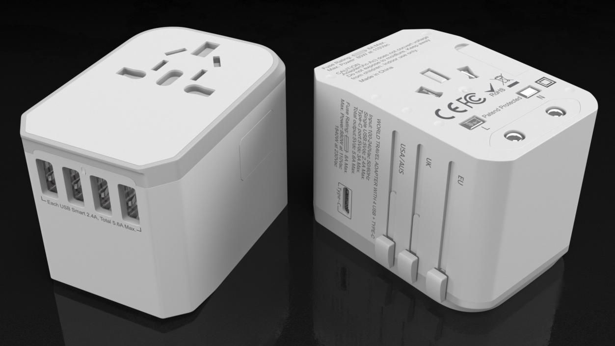 Universal Travel Adapter with USB White 3D model