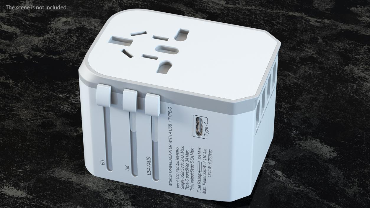 Universal Travel Adapter with USB White 3D model