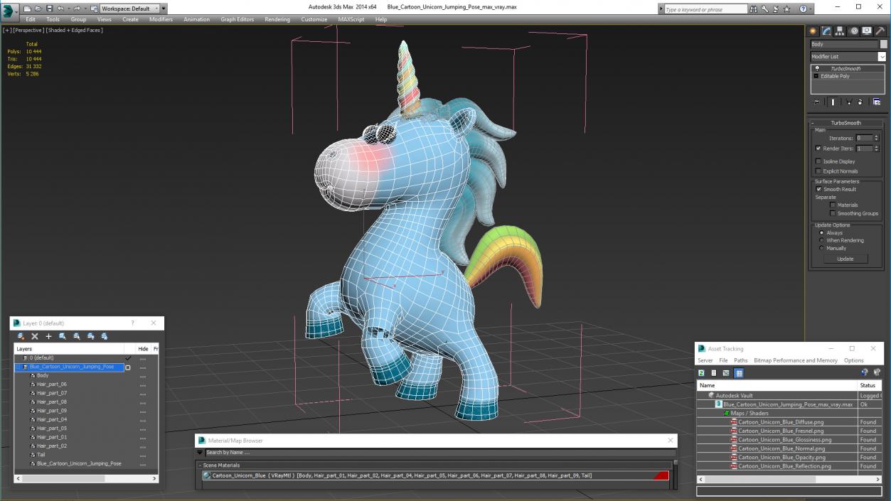 3D Blue Cartoon Unicorn Jumping Pose model