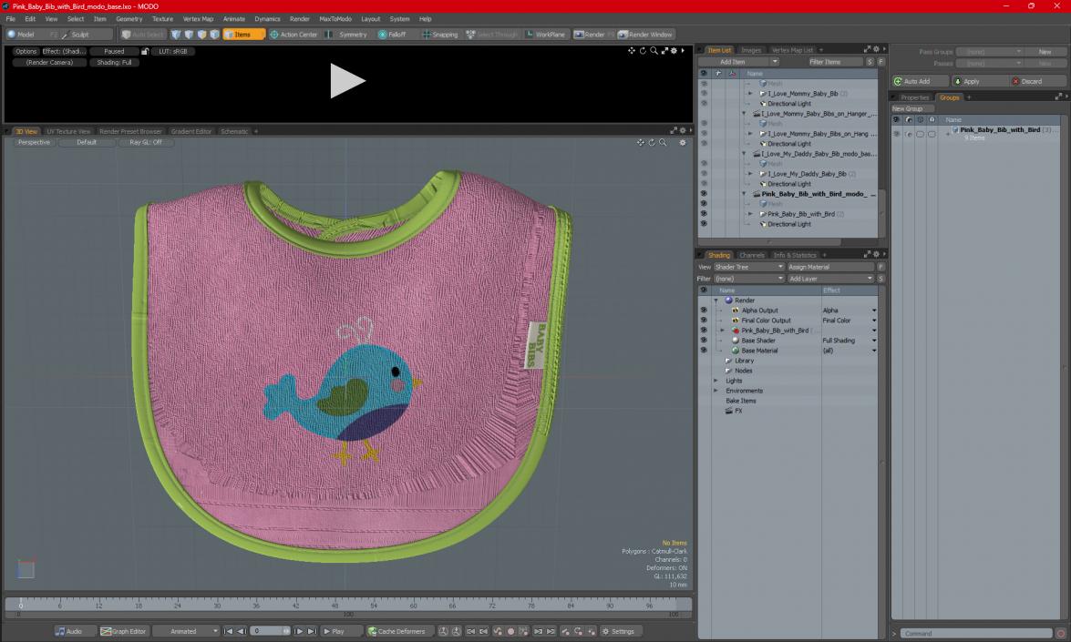 3D Pink Baby Bib with Bird model