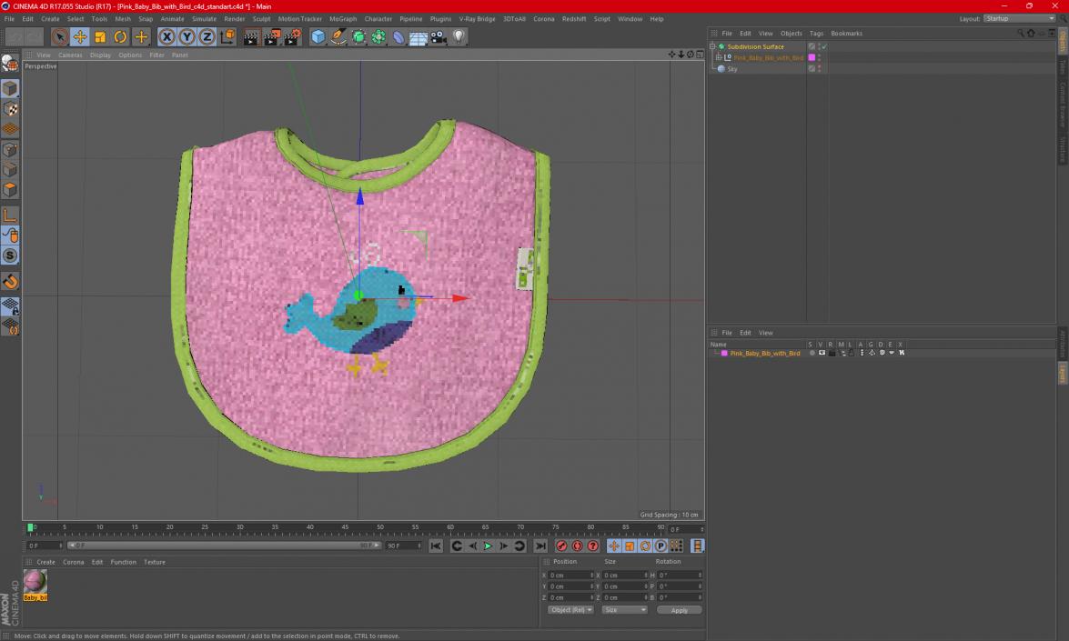 3D Pink Baby Bib with Bird model