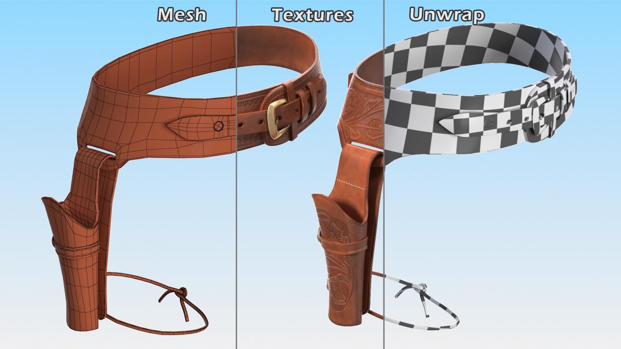 3D Western Gun Belt with Holster Leather Brown model