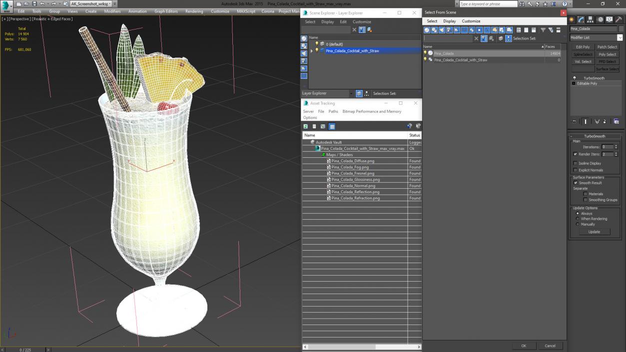 3D Pina Colada Cocktail with Straw