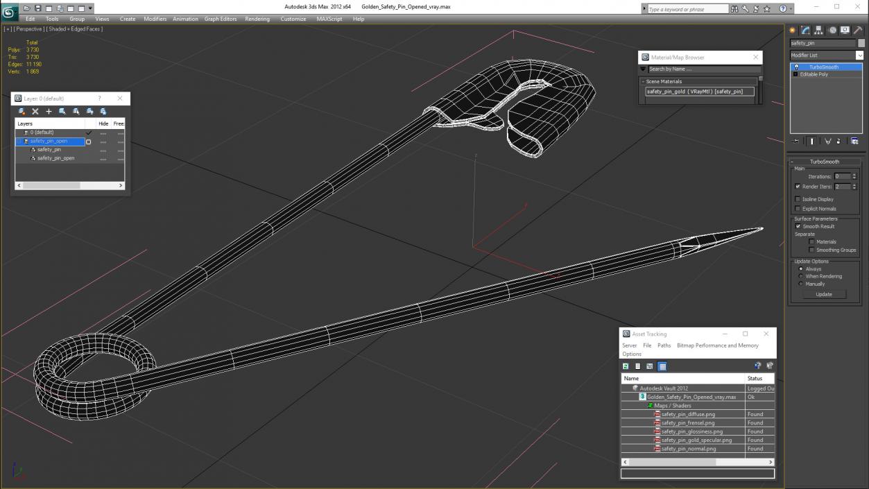 Golden Safety Pin Opened 3D model