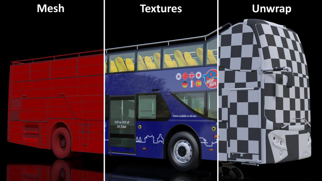 Open Top Double Decker Tour Bus Rigged for Cinema 4D 3D