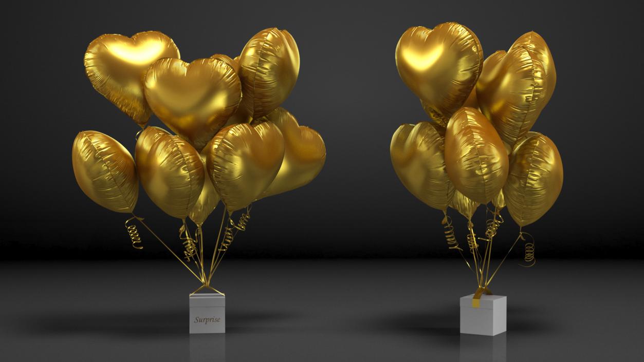 3D model Bouquet of Matte Gold Heart Balloons with Gift Box