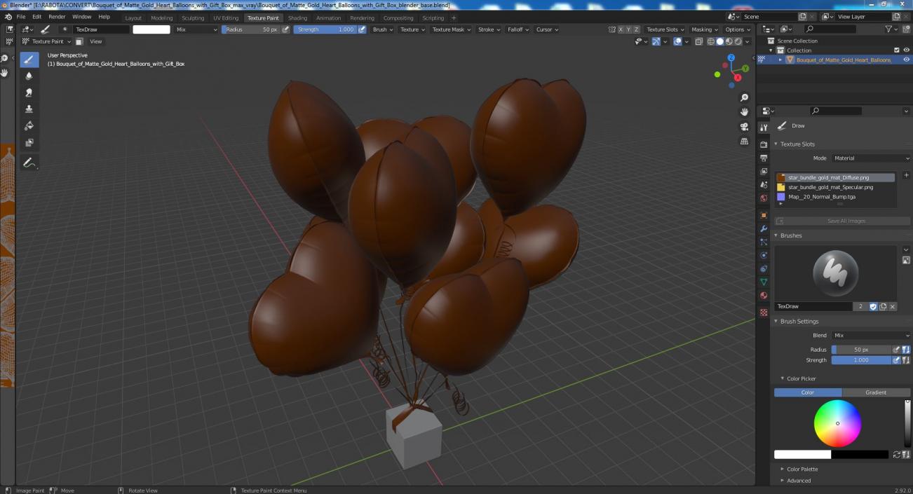 3D model Bouquet of Matte Gold Heart Balloons with Gift Box