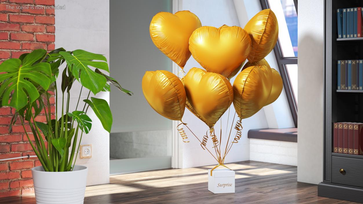 3D model Bouquet of Matte Gold Heart Balloons with Gift Box