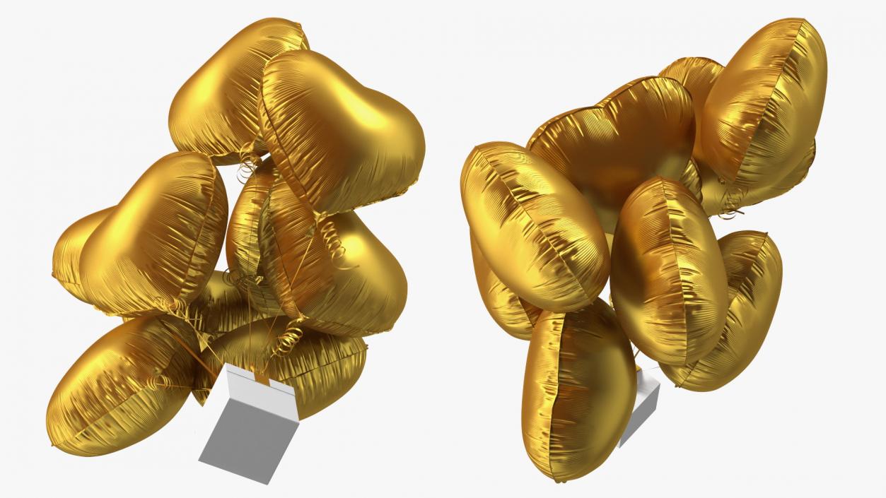 3D model Bouquet of Matte Gold Heart Balloons with Gift Box