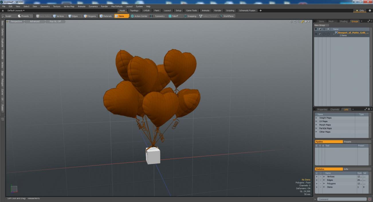 3D model Bouquet of Matte Gold Heart Balloons with Gift Box