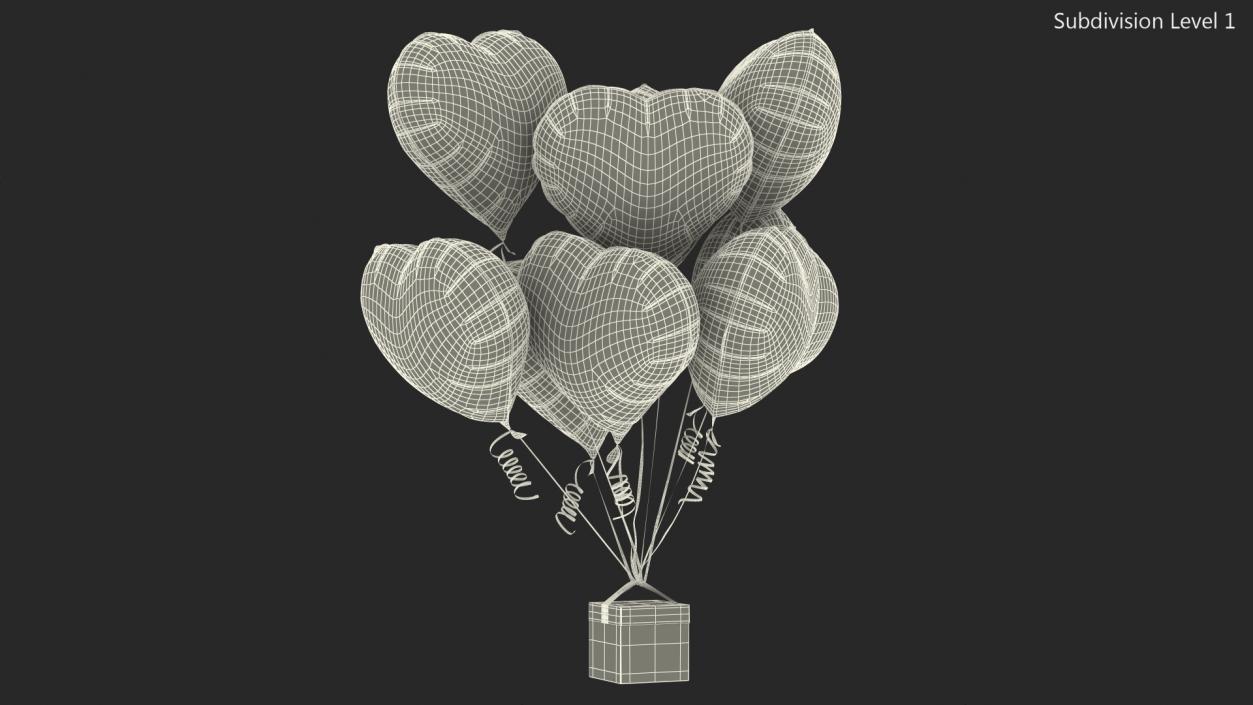 3D model Bouquet of Matte Gold Heart Balloons with Gift Box