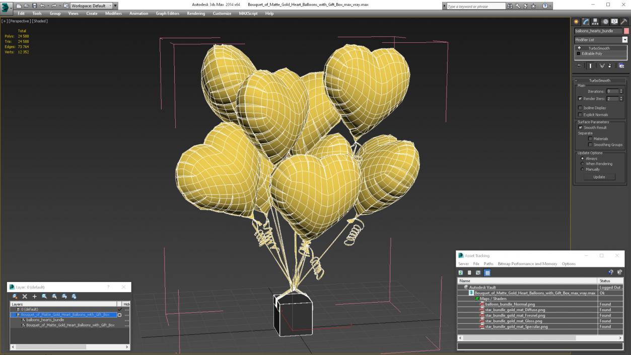 3D model Bouquet of Matte Gold Heart Balloons with Gift Box