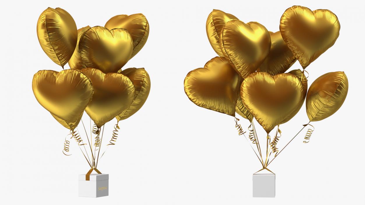 3D model Bouquet of Matte Gold Heart Balloons with Gift Box